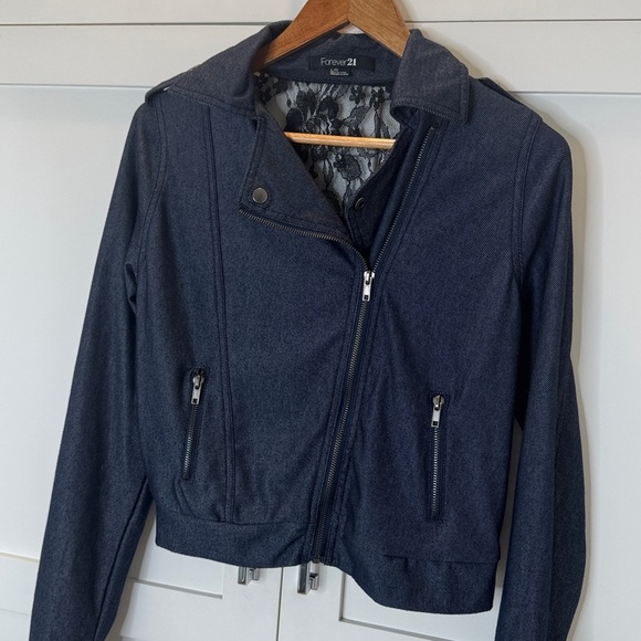 Forever 21 Dark Blue Jacket with Lace Lining on back. Size: Large - Picture 2 of 6